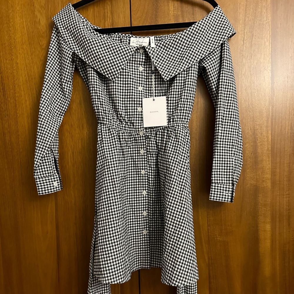 NWT L’Academie off shoulder Dress in black and white
